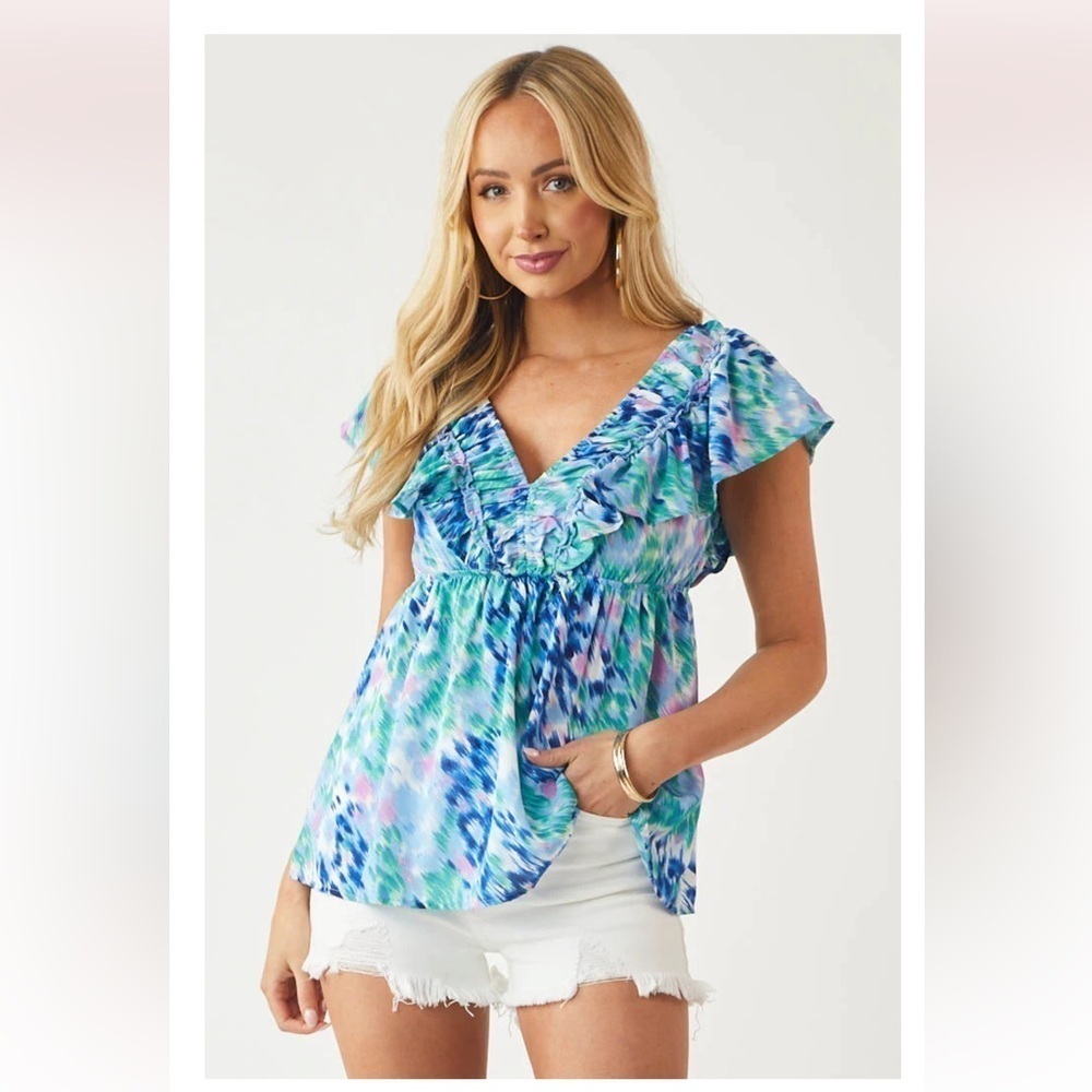 Umgee Abstract Elastic V Neck Ruffle Top - Picture 2 of 8